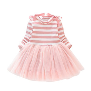 Striped Long-sleeved Stitching Mesh Dress