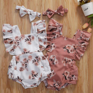 Girls’ One-Piece Floral Fly-Sleeve Backless Triangle