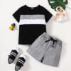 Boys’ New Suit Color-block Crew Neck Short-sleeved Shirt Short Gray Children Suit