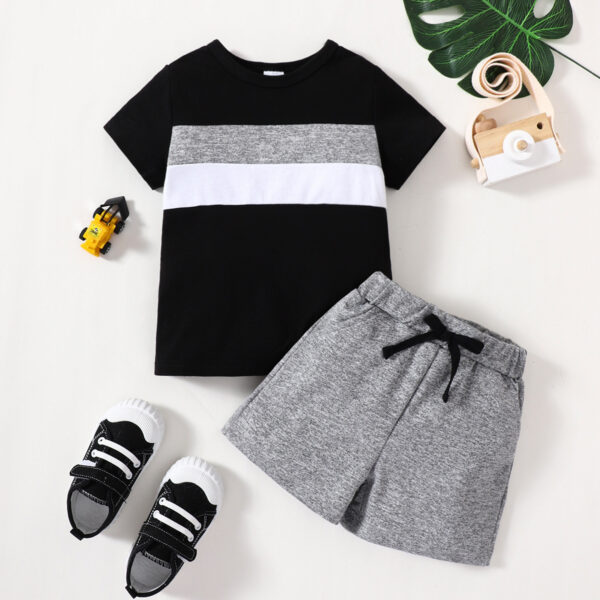 Boys’ New Suit Color-block Crew Neck Short-sleeved Shirt Short Gray Children Suit